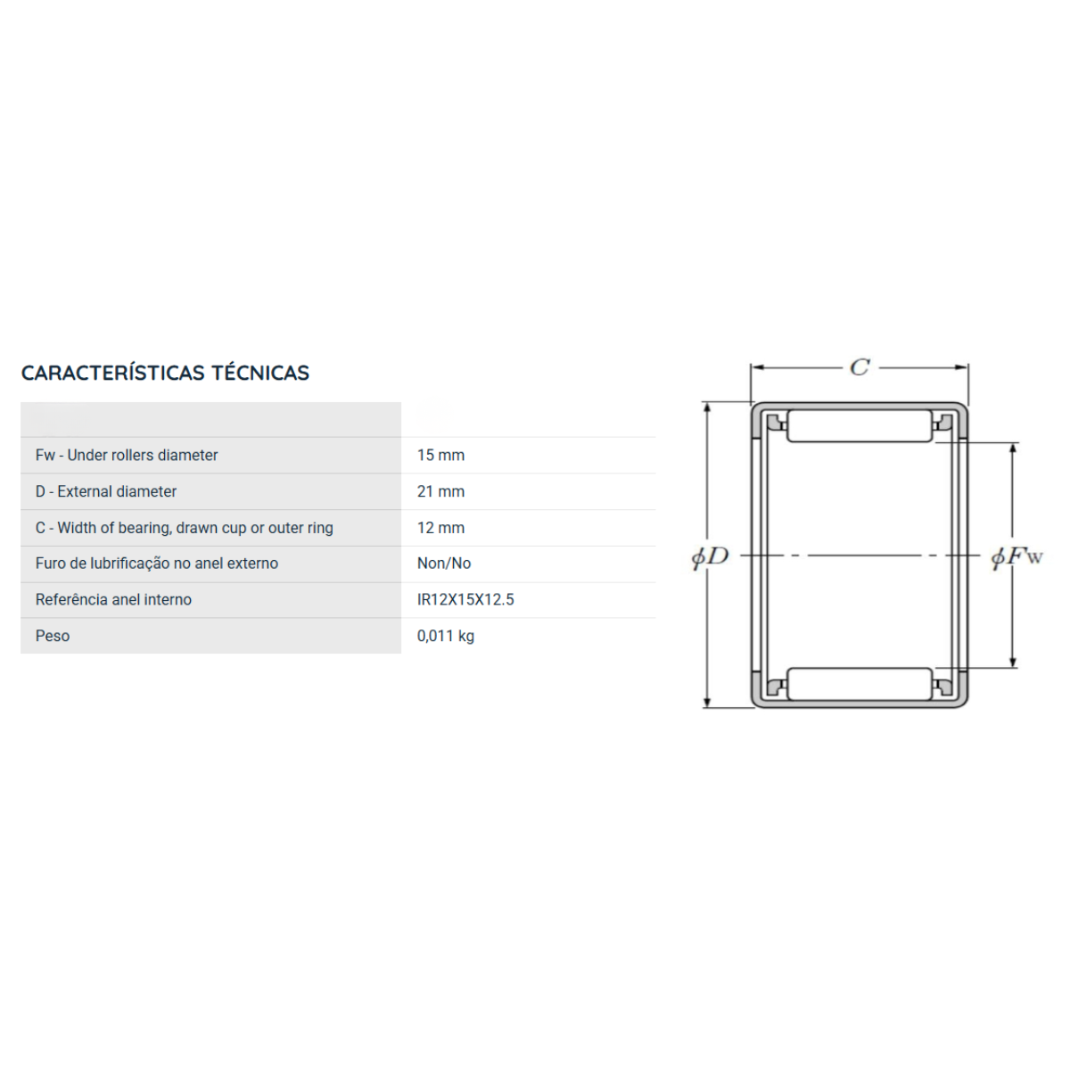 HK1512 PPK ROLAMENTO INDUSTRIAL DE AGULHA 15X21X12MM