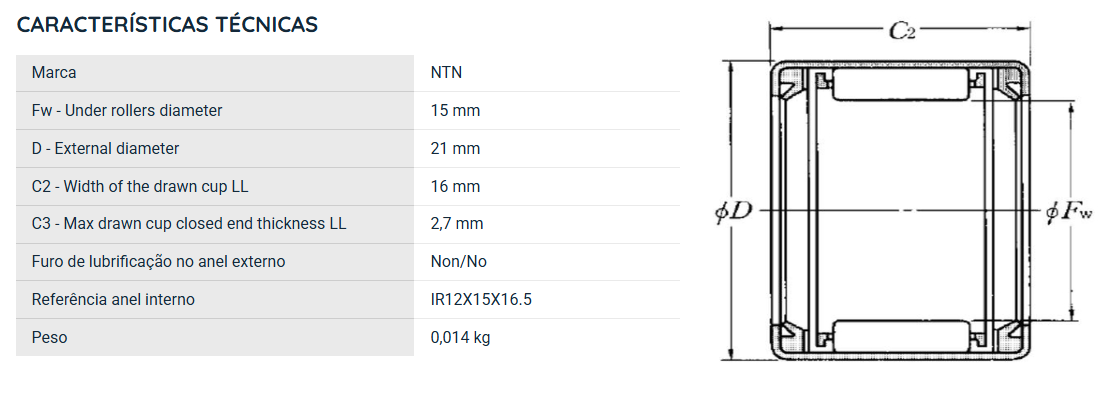 HK1516LL NTN ROLAMENTO INDUSTRIAL DE AGULHAS 15X21X16