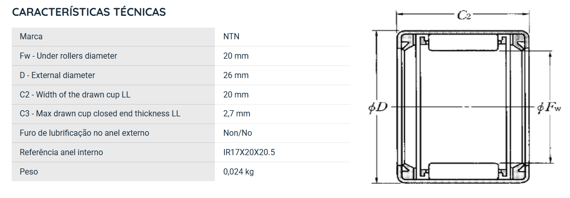 HK2020LL/2AS  NTN ROLAMENTO INDUSTRIAL DE AGULHAS 20X26X20
