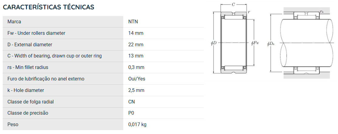 RNA4900R NTN ROLAMENTO DE AGULHAS INDUSTRIAL 14X22X13(MM)