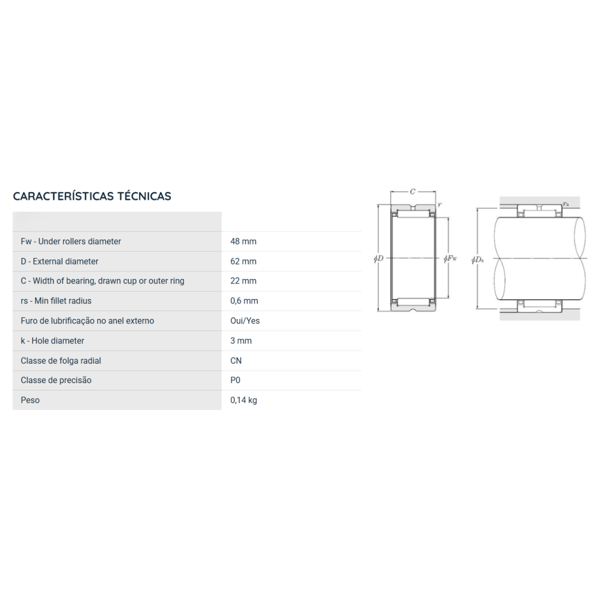 RNA4908 NKR ROLAMENTO DE AGULHAS INDUSTRIAL 48X62X22(MM)
