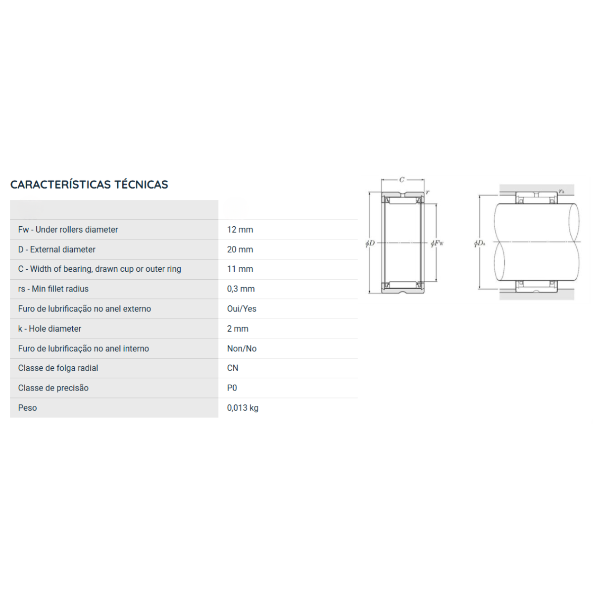 RNA499 NKR ROLAMENTO DE AGULHAS INDUSTRIAL 17X20X11(MM)