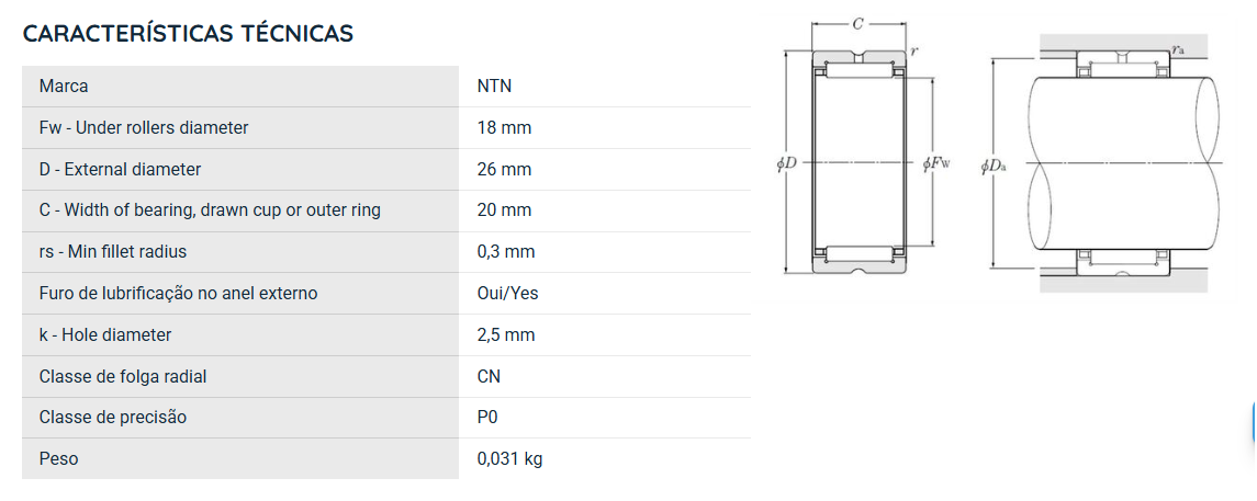 NK18/20RCT NTN ROLAMENTO INDUSTRIAL DE AGULHAS 18X26X20