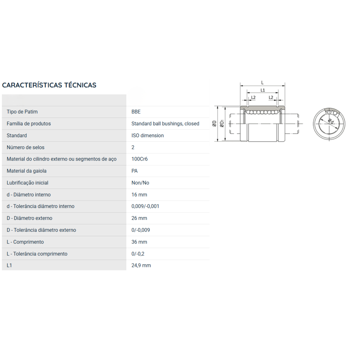BBE16UU SNR ROLAMENTO INDUSTRIAL LINEAR 16X26X36