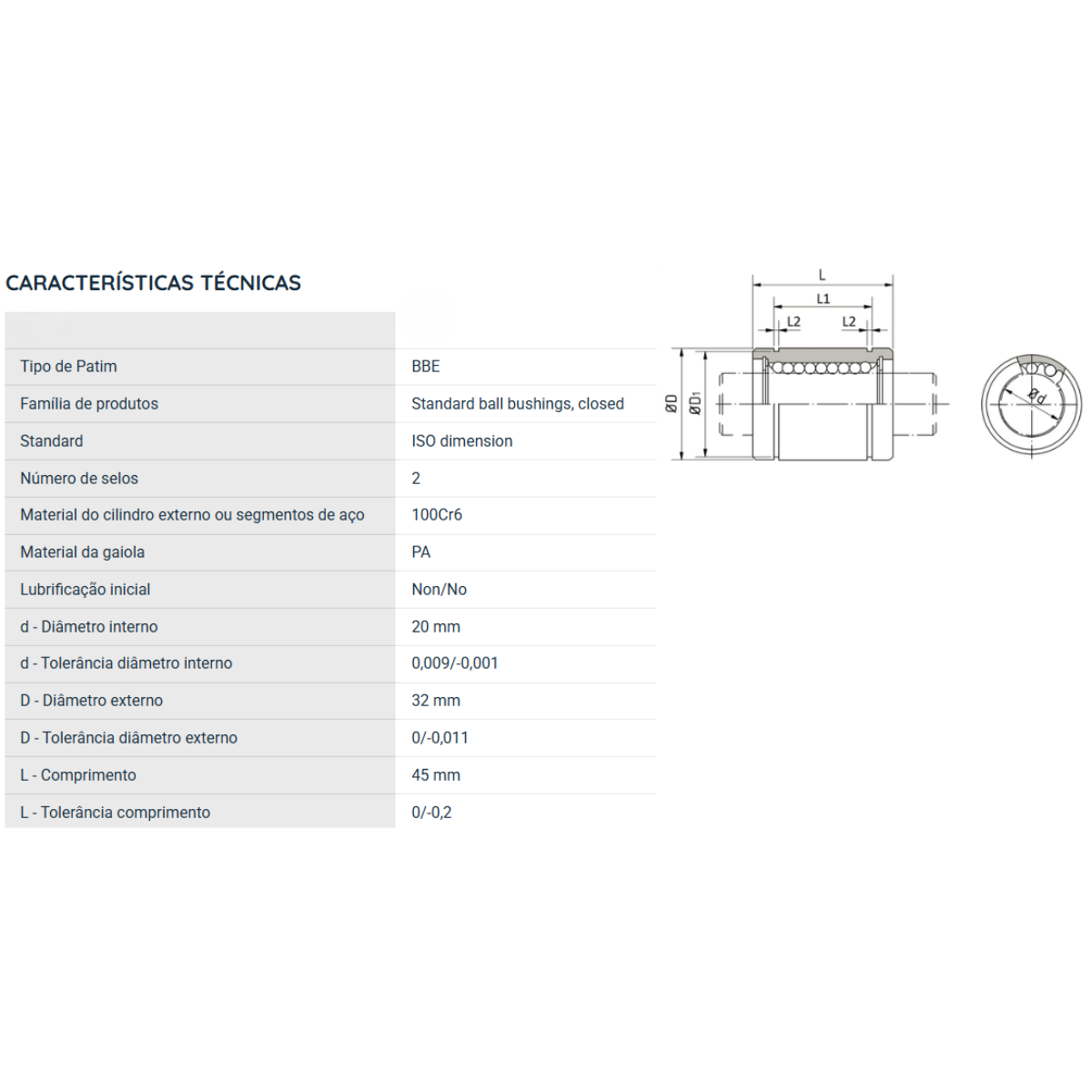 KB20UU NKR ROLAMENTO INDUSTRIAL LINEAR 20X32X45(MM)