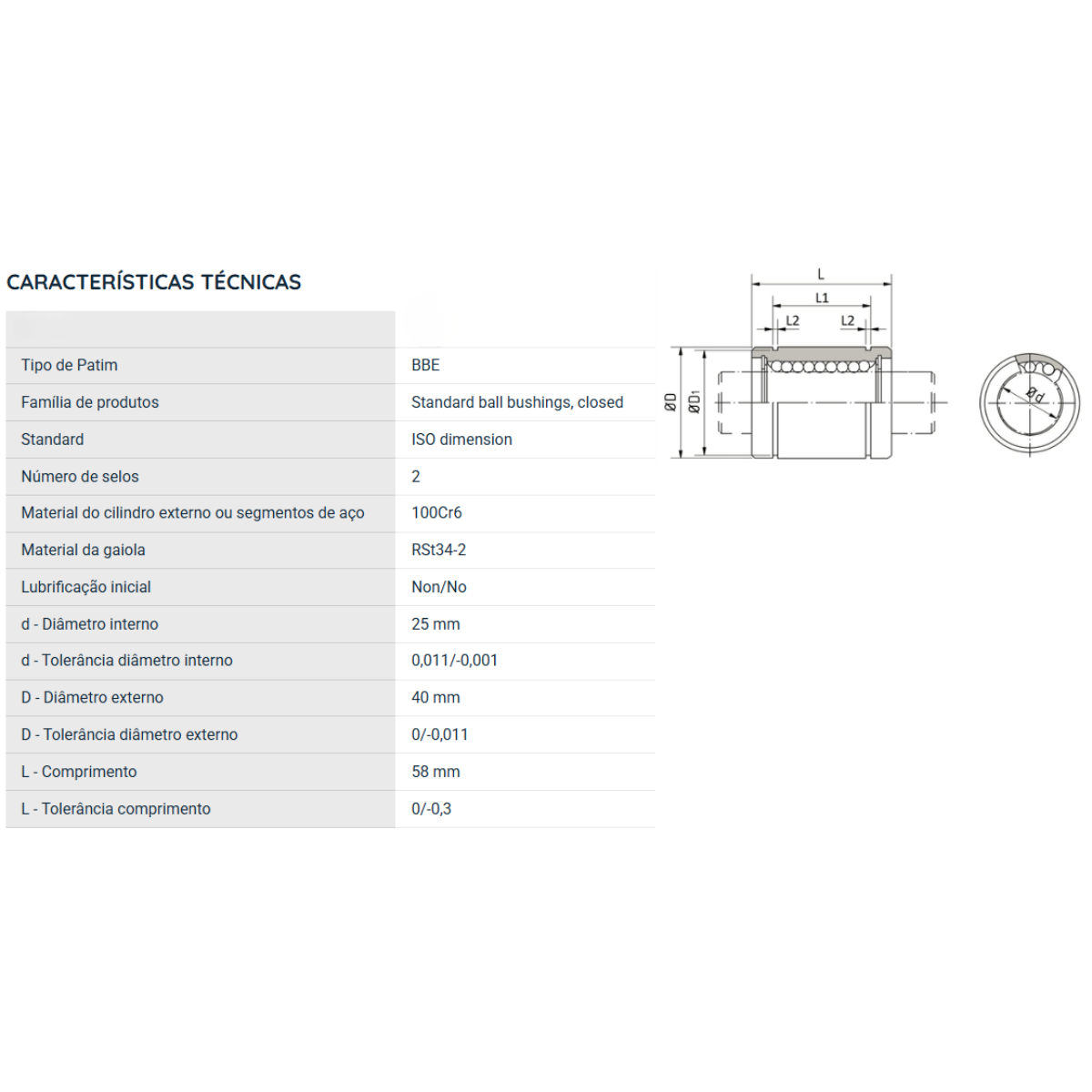 KB25UU NKR ROLAMENTO INDUSTRIAL LINEAR 25X40X58(MM)