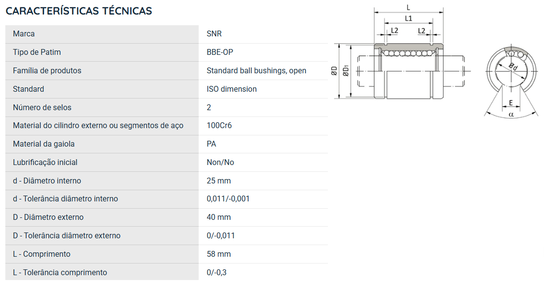 BBE25UUOP SNR ROLAMENTO INDUSTRIAL LINEAR 25X40X58(MM) 