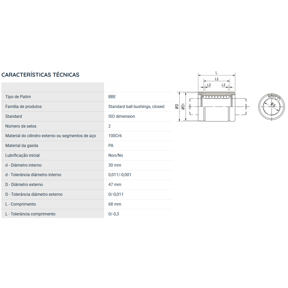 KB3068PP NKR ROLAMENTO INDUSTRIAL LINEAR 30X47X68(MM)