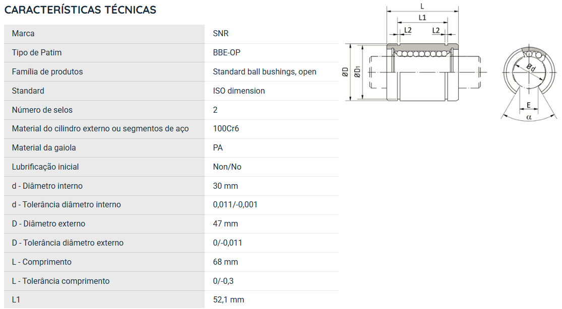 BBE30UUOP SNR ROLAMENTO INDUSTRIAL LINEAR 30X47X68(MM) 