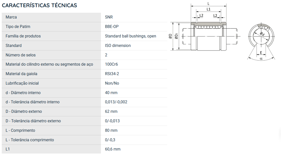 BBE40AUUOP SNR ROLAMENTO INDUSTRIAL LINEAR 40X62X80