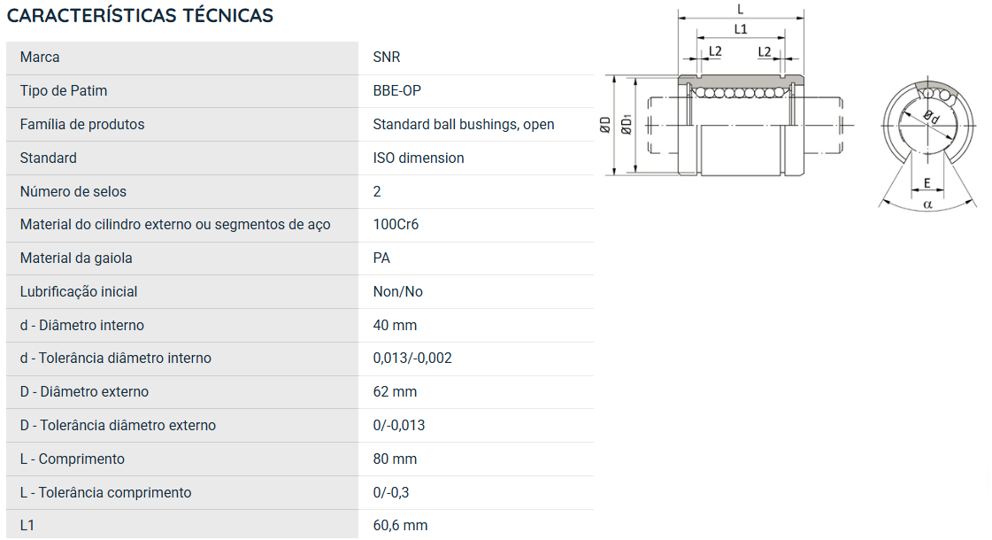 BBE40UUOP SNR ROLAMENTO INDUSTRIAL LINEAR 40X62X80(MM) 
