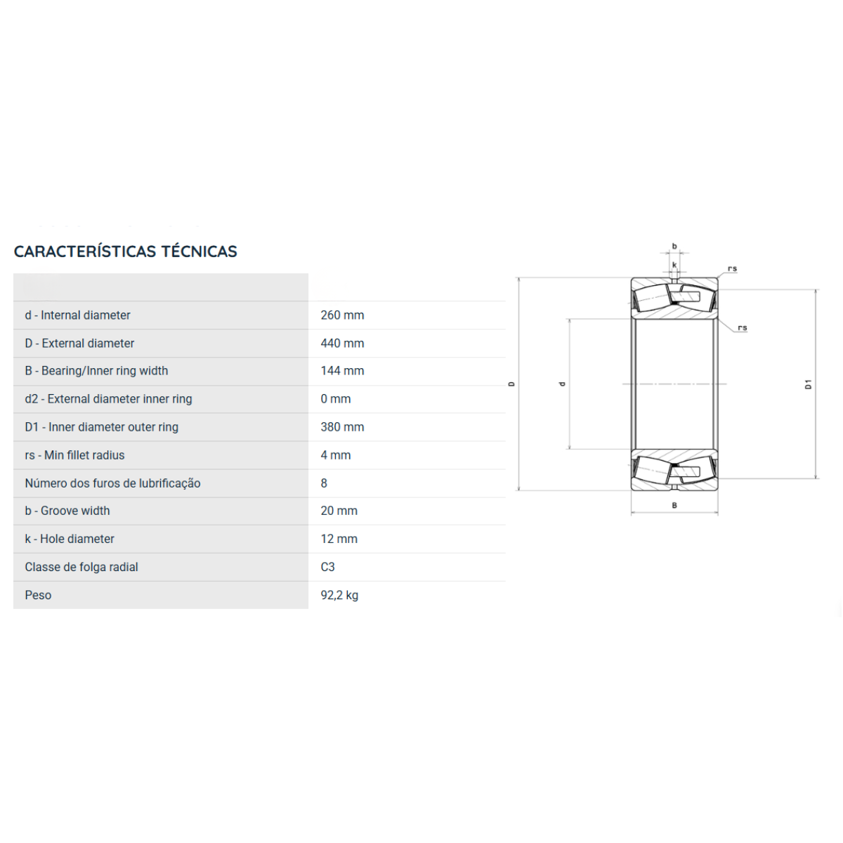 23152EW33C3 NKR ROLAMENTO INDUSTRIAL DE 2 CARREIRAS DE ROLOS AUTOCOMPENSADOR 260X440X144(MM)
