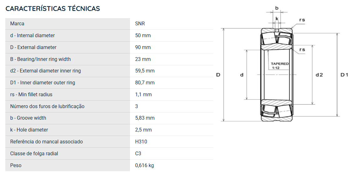 22210EAKW33ZZC3 NTN ROLAMENTO INDUSTRIAL DE 2 CARREIRAS DE ROLOS AUTOCOMPENSADOR 50X90X23(MM)