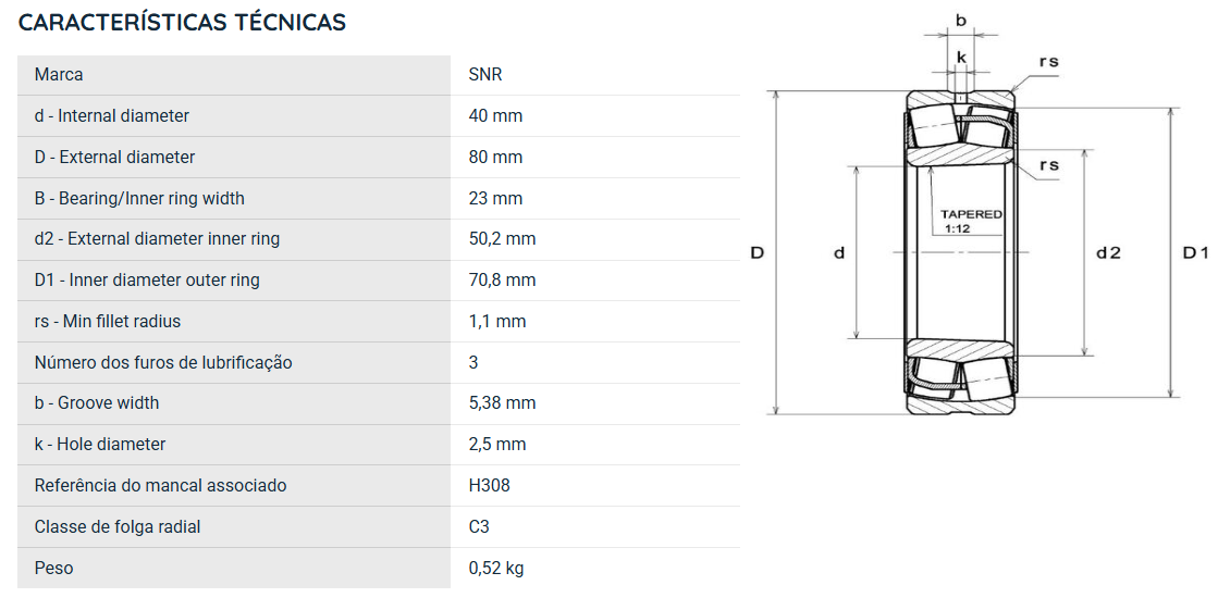 22208EAKW33ZZC3 NTN ROLAMENTO INDUSTRIAL DE 2 CARREIRAS DE ROLOS AUTOCOMPENSADOR 40X80X23(MM)