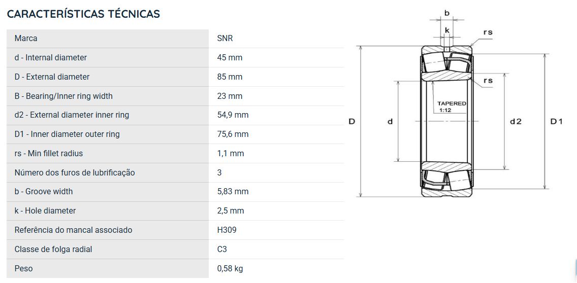22209EAKW33ZZC3 NTN ROLAMENTO INDUSTRIAL DE 2 CARREIRAS DE ROLOS AUTOCOMPENSADOR 45X85X23(MM)