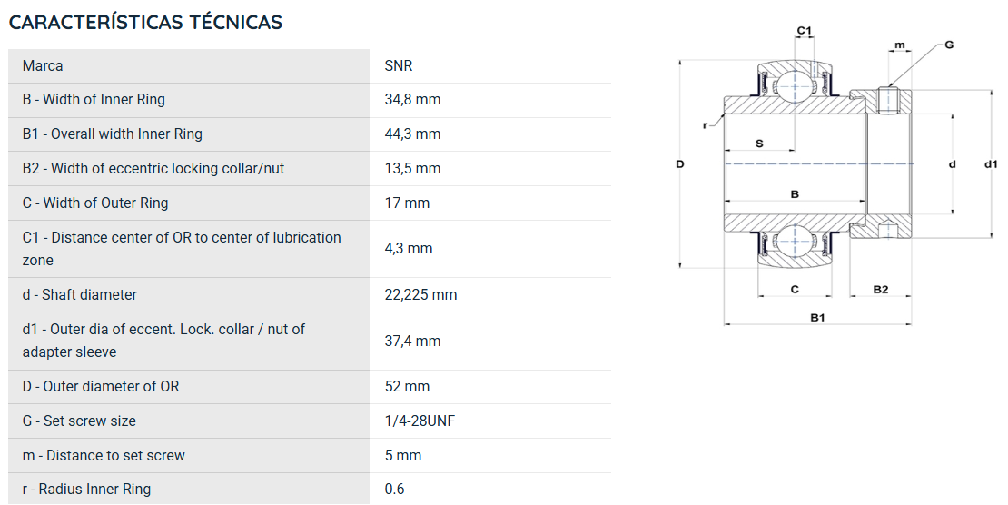 EX20514G2 SNR ROLAMENTO FIXO ESFERAS 22,22X52X44,30 =G1014KRRB