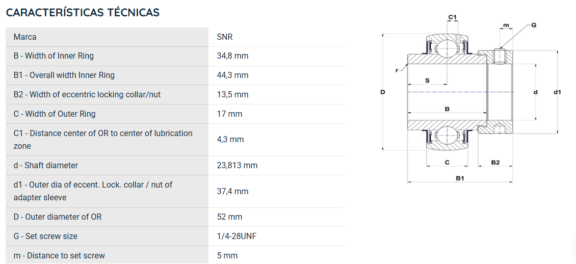 EX20515G2 SNR ROLAMENTO FIXO ESFERAS 23,81X52X44,30 =G1015KRRB