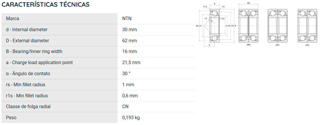 7206 NTN ROLAMENTO ESFERAS CONTATO ANGULAR 30X62X16(MM)
