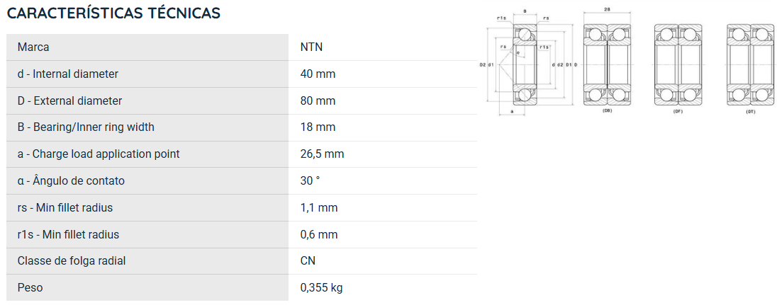 7208 NTN ROLAMENTO ESFERAS CONTATO ANGULAR 40X80X18(MM)