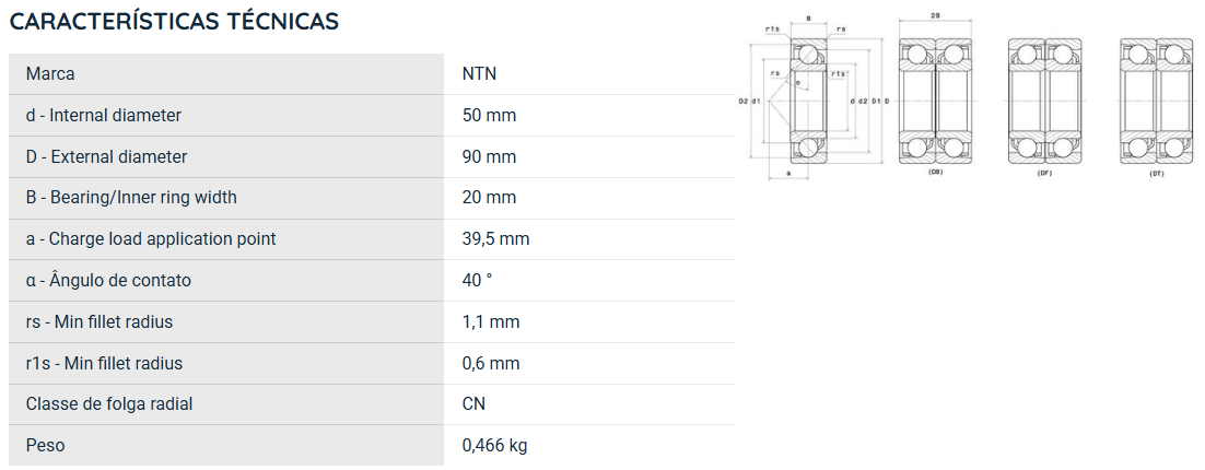 7210B NTN ROLAMENTO ESFERAS CONTATO ANGULAR 50X90X20(MM)