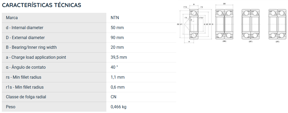 7210BG NTN ROLAMENTO ESFERAS CONTATO ANGULAR 50X90X20(MM)