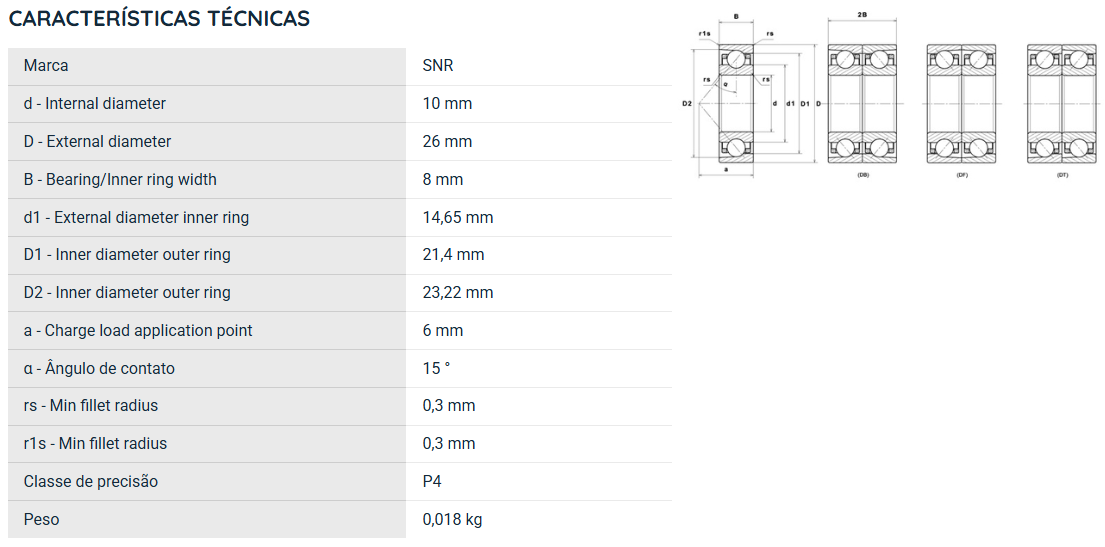 7000CVUJ74 SNR ROLAMENTO ESFERAS CONTATO ANGULAR 10X26X8(MM)