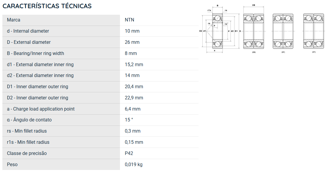 7000UCG/GNP42 NTN ROLAMENTO ESFERAS CONTATO ANGULAR 10X26X8(MM)