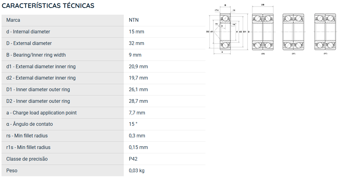 7002UCG/GNP42 NTN ROLAMENTO ESFERAS CONTATO ANGULAR 15X32X9(MM)