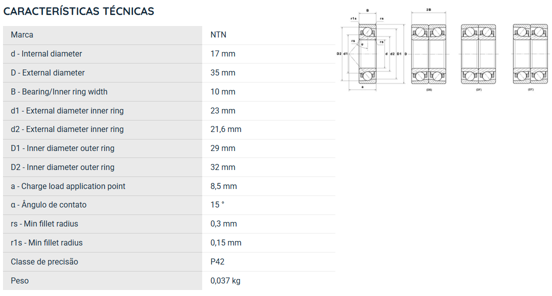 7003UCG/GNP42 NTN ROLAMENTO ESFERAS CONTATO ANGULAR 17X35X10(MM)