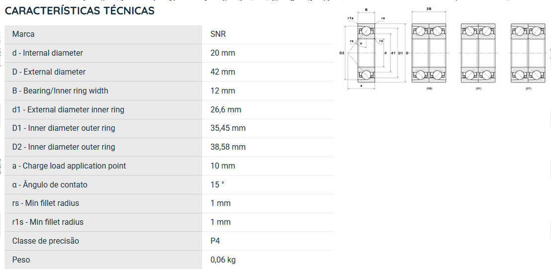 7004CVUJ74 SNR ROLAMENTO ESFERAS CONTATO ANGULAR 20X42X12(MM)