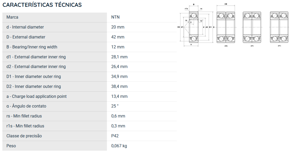 7004UADG/GNP42 NTN ROLAMENTO ESFERAS CONTATO ANGULAR 20X42X12(MM)