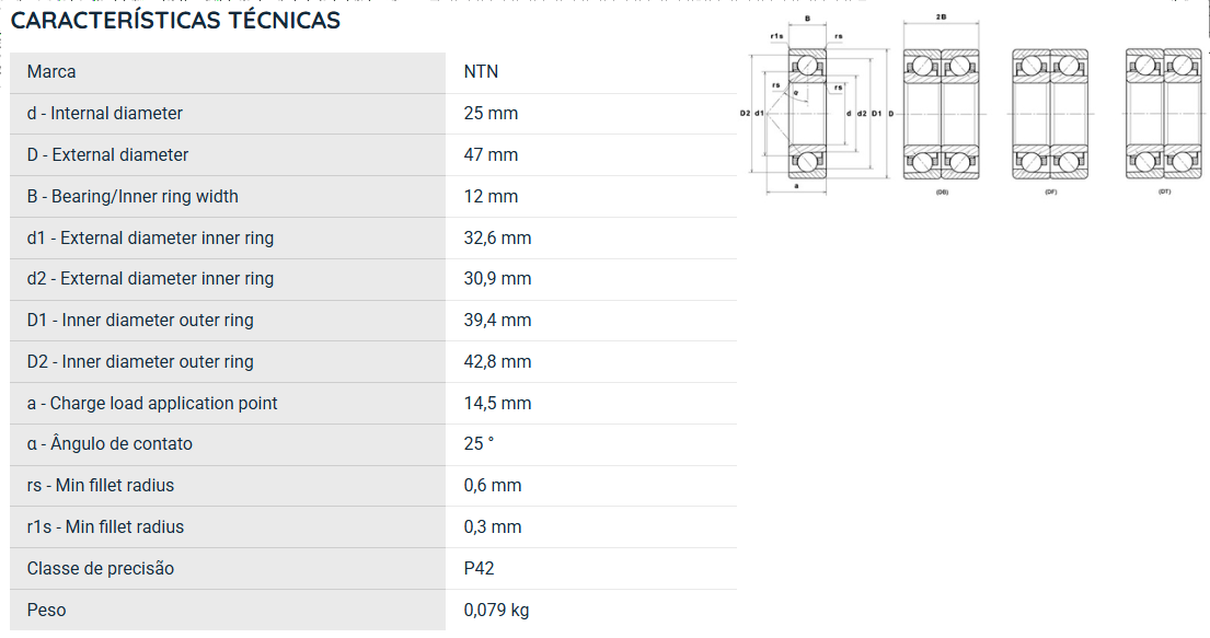 7005UADG/GNP42 NTN ROLAMENTO ESFERAS CONTATO ANGULAR 25X47X12(MM)