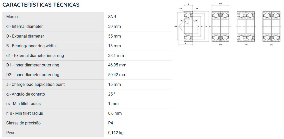 7006HVUJ74 SNR ROLAMENTO ESFERAS CONTATO ANGULAR 30X55X13(MM)