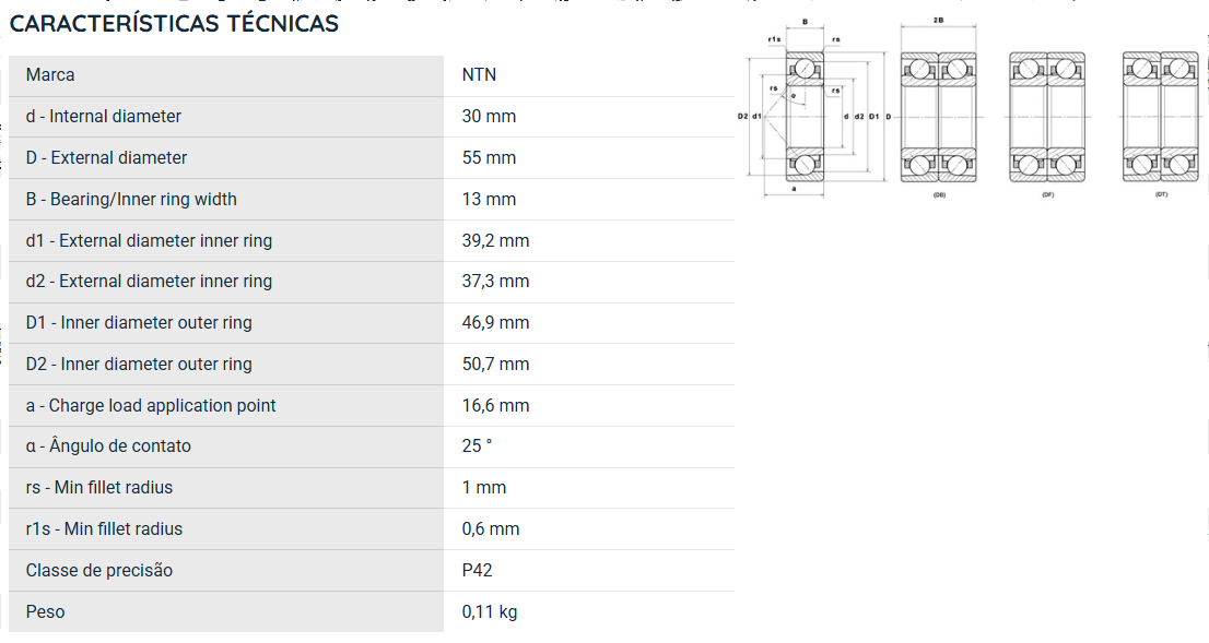 7006UADG/GNP42 NTN ROLAMENTO ESFERAS CONTATO ANGULAR 30X55X13(MM)