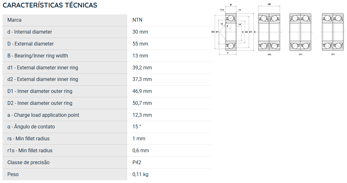 7006UCG/GNP42 NTN ROLAMENTO ESFERAS CONTATO ANGULAR 30X55X13(MM)