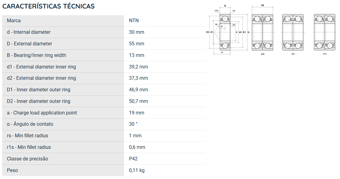 7006UG/GNP42 NTN ROLAMENTO ESFERAS CONTATO ANGULAR 30X55X13(MM) **ANG 30 GRAUS**