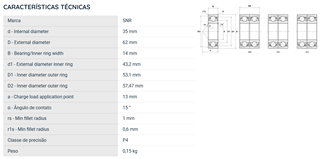 7007CVUJ74 SNR ROLAMENTO ESFERAS CONTATO ANGULAR 35X62X14(MM)