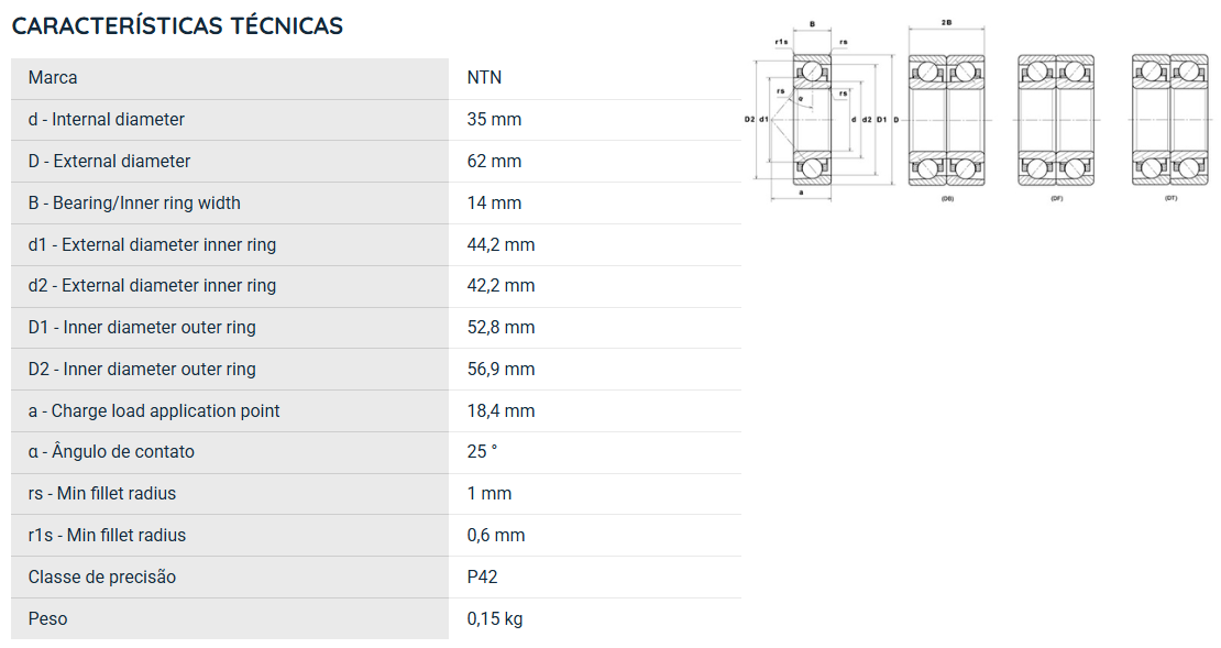 7007UADG/GNP42 NTN ROLAMENTO ESFERAS CONTATO ANGULAR 35X62X14(MM)