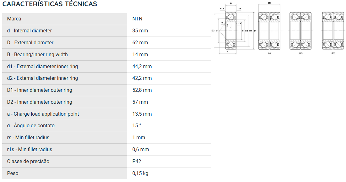 7007UCG/GNP4 NTN ROLAMENTO ESFERAS CONTATO ANGULAR 35X62X14(MM)