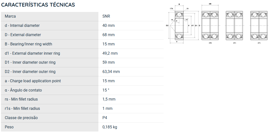 7008CVUJ84 SNR ROLAMENTO ESFERAS CONTATO ANGULAR 40X68X15(MM)