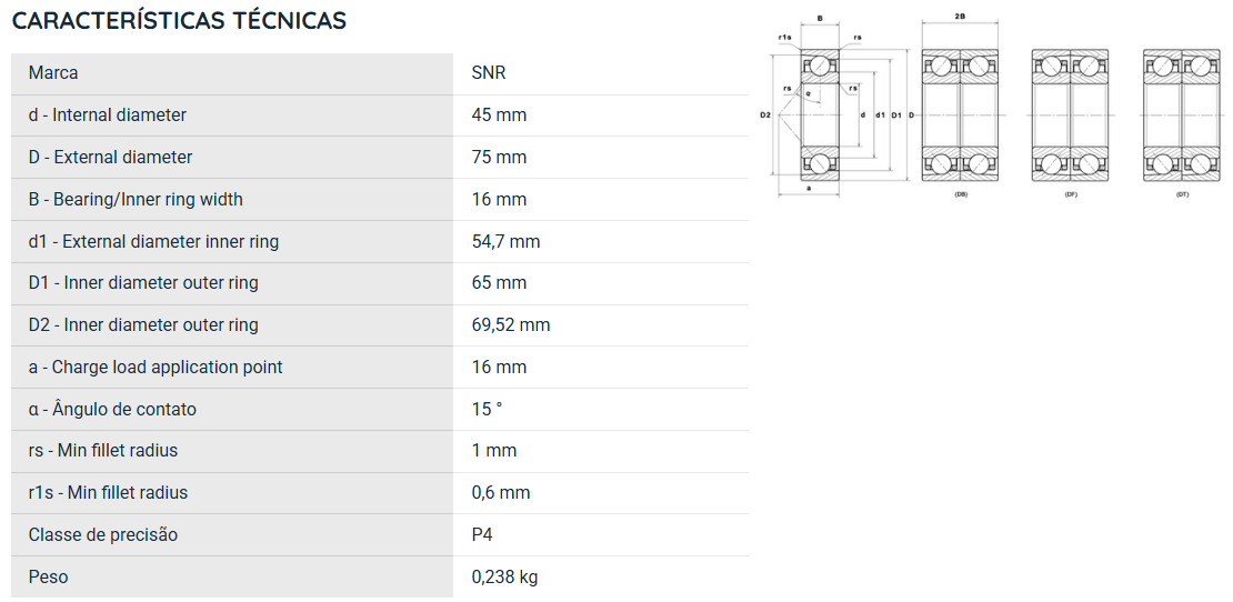 7009CVUJ74 SNR ROLAMENTO ESFERAS CONTATO ANGULAR 45X75X16(MM)