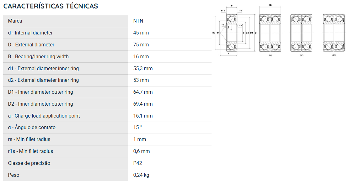7009UCG/GNP42 NTN ROLAMENTO ESFERAS CONTATO ANGULAR 45X75X16(MM)