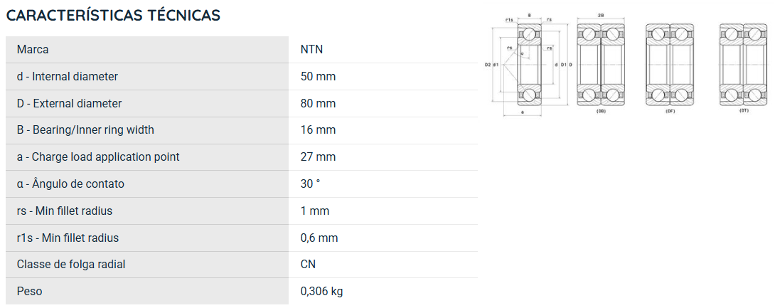 7010 NTN ROLAMENTO ESFERAS CONTATO ANGULAR 50X80X16(MM)