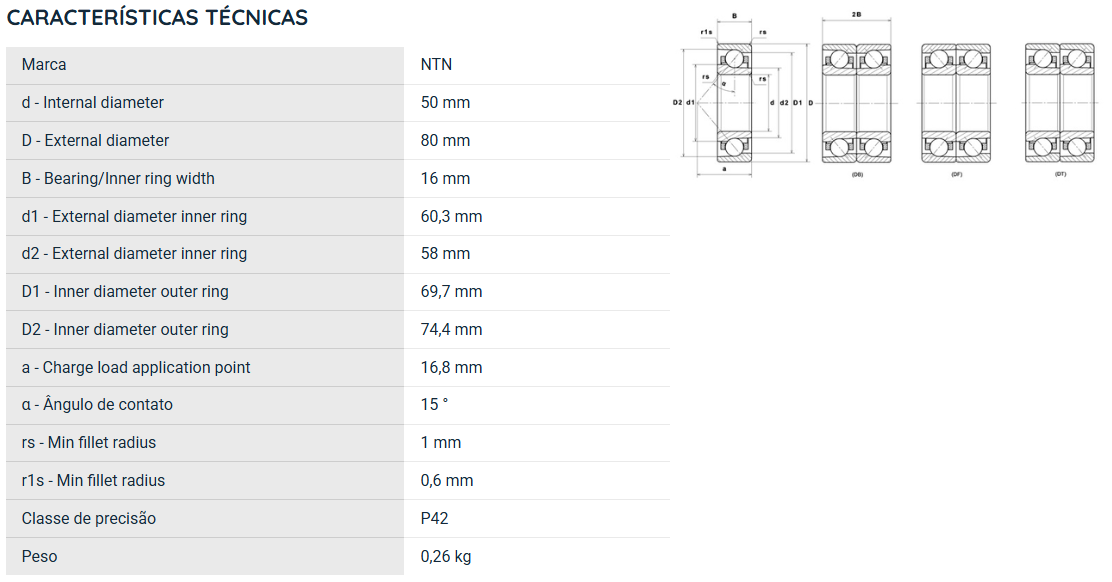7010UCG/GNP42 NTN ROLAMENTO ESFERAS CONTATO ANGULAR 50X80X16(MM)