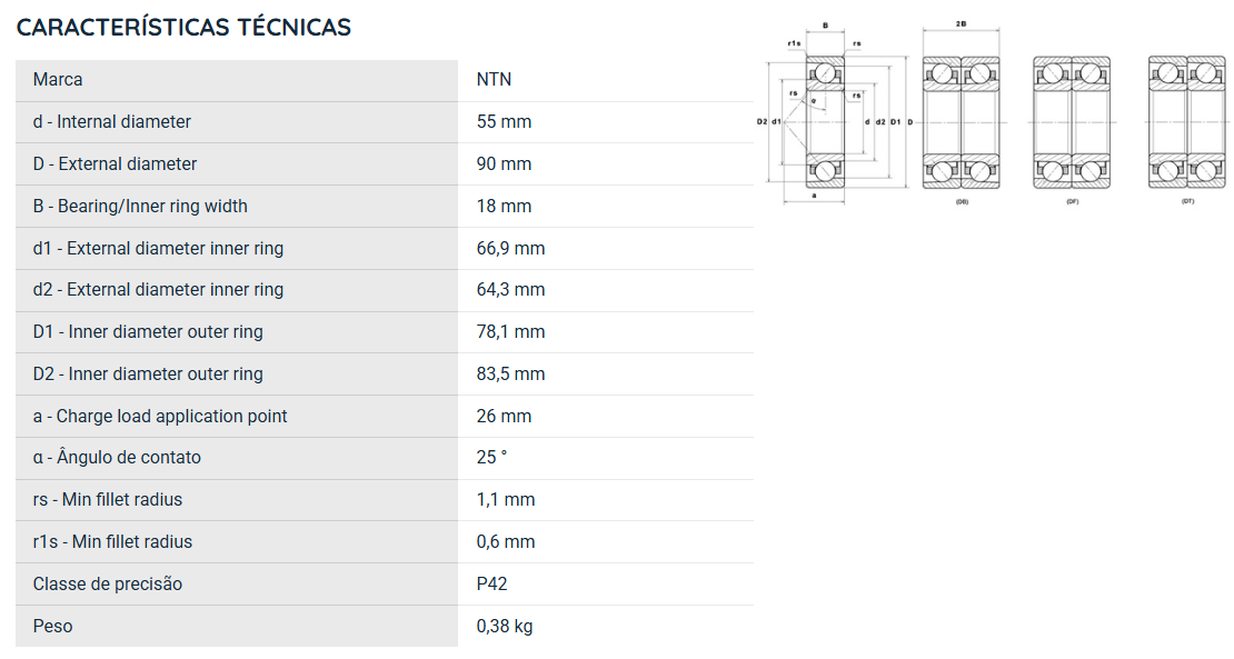 7011UADG/GNP42 NTN ROLAMENTO ESFERAS CONTATO ANGULAR 55X90X18(MM)