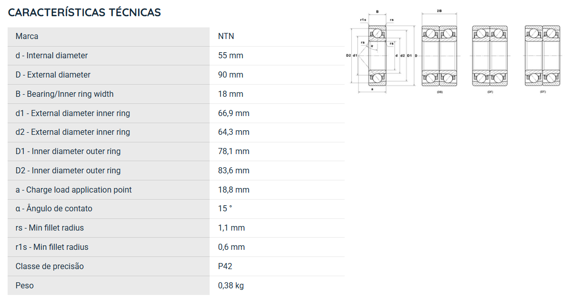 7011UCG/GNP42 NTN ROLAMENTO ESFERAS CONTATO ANGULAR 55X90X18(MM)