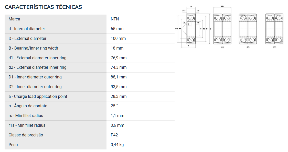 7013UADG/GNP42 NTN ROLAMENTO ESFERAS CONTATO ANGULAR 65X100X18(MM)