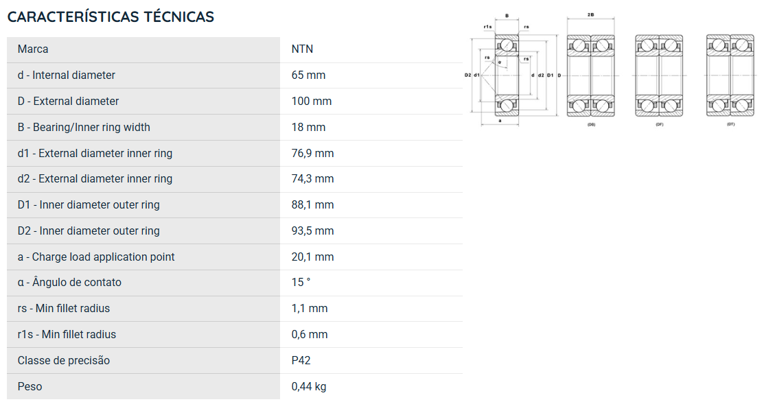 7013UCG/GNP42 NTN ROLAMENTO ESFERAS CONTATO ANGULAR 65X100X18(MM)