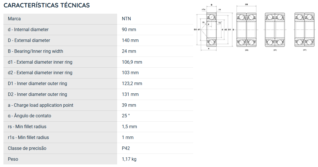 7018UADG/GNP42 NTN ROLAMENTO ESFERAS CONTATO ANGULAR 90X140X24(MM)