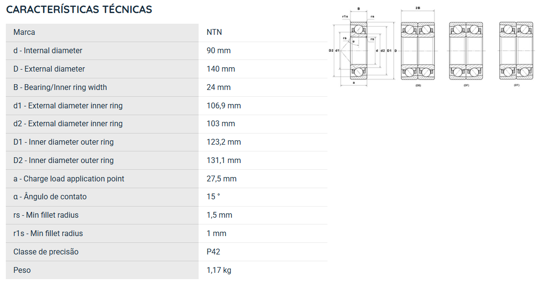 7018UCG/GNP4 NTN ROLAMENTO ESFERAS CONTATO ANGULAR 90X140X24(MM)